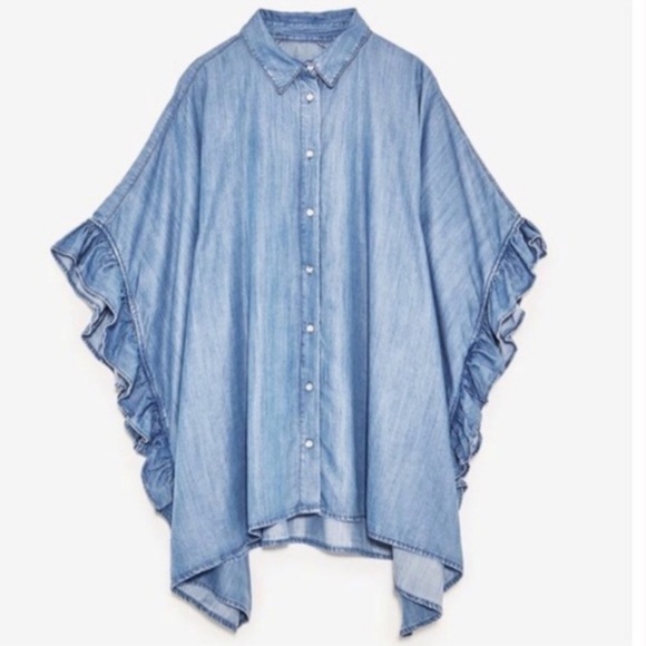 Zara Tops - ZARA - Premium denim ruffle button down tunic, M